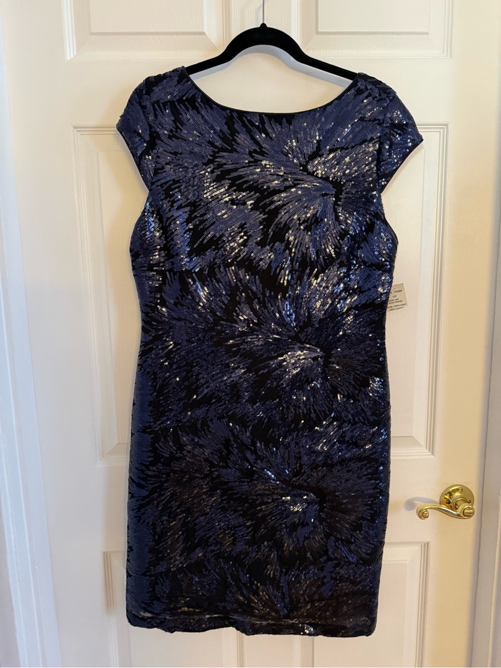 SLNY Navy and Black Sequin Cap-Sleeve Midi Dress